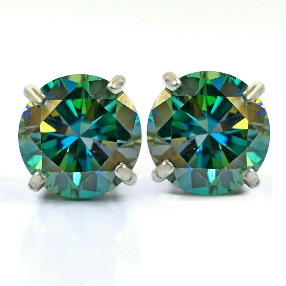 Real Certified Moissanite Blue Green 2 ct Diamond 925 Solid Silver Stud Earrings